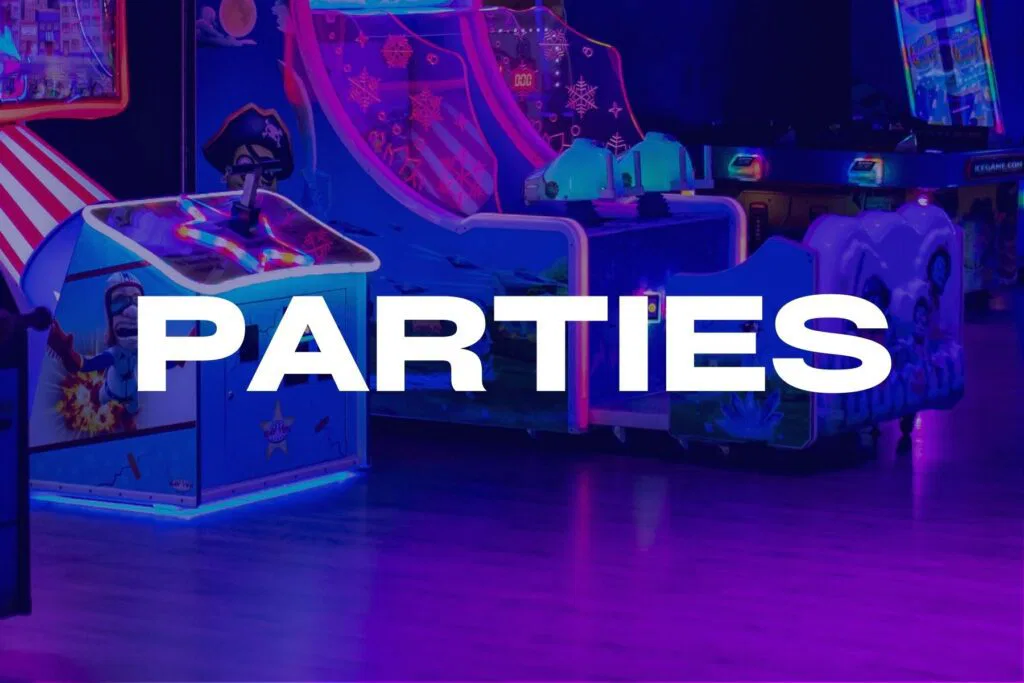 A vibrant arcade room at The Rush Funplex featuring various games and a sign promoting party events.