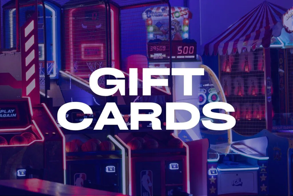 Gift cards for arcade games displayed at The Rush Funplex.